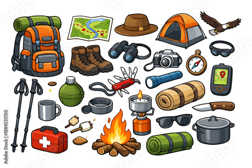 Camping gear collection with tent, backpack, campfire, map, and hiking boots.