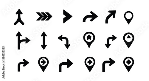 Collection of black arrow and location pin icons with various directions and styles on a white background, suitable for navigation and mapping interfaces.