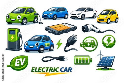 Electric cars and charging icons: energy, sustainability, and eco-friendly transportation.