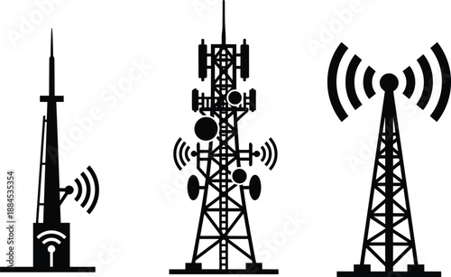 Telecommunication tower silhouette set with radio antenna, cellular network mast, satellite dish, and wireless signal icons for 5G connectivity technology vector