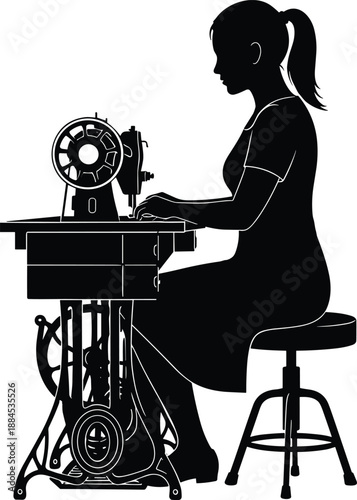Tailor woman silhouette vector illustration, female seamstress using vintage sewing machine for fashion design, dressmaker working isolated on white background, craft, hobby.