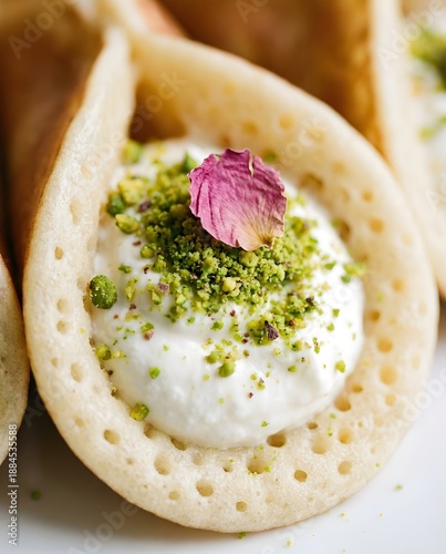 Elegant extreme close-up of Qatayef Asafiri filled with fresh cream and pistachios