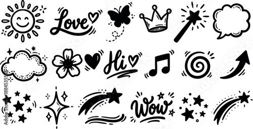 Whimsical kids doodle sheet of hand drawn black icons showing sun, stars, hearts, butterfly, crown, speech bubble, musical note wow