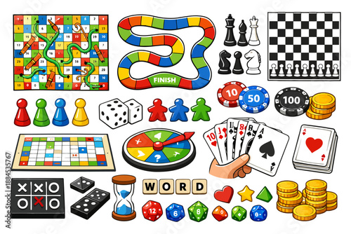 Colorful collection of board games and playing pieces for family fun.