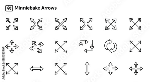 A collection of minimalist line art arrow icons depicting various directions, expansion, rotation, and movement for user interface design elements.