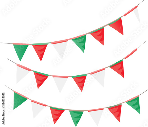 Colorful pennant banners hanging red white and green festive decorations displayed high quality
