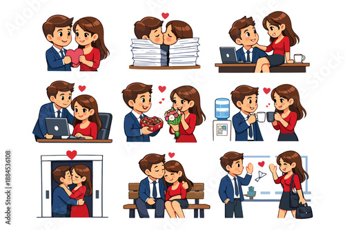 Cartoon couple romance scenes with office love and cute gestures.