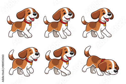 Cute cartoon beagle puppy playing and exploring in various poses on white background.