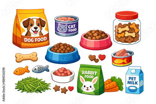 Colorful pet food illustration with dog, cat, rabbit treats and accessories.