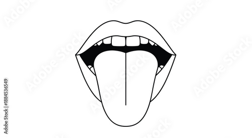 Simple black and white line art of an open mouth with teeth and a tongue sticking out, a bold and expressive icon.