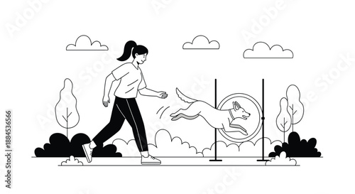 Woman training her talented dog on an outdoor agility course, with the pet gracefully jumping through a hoop with speed.