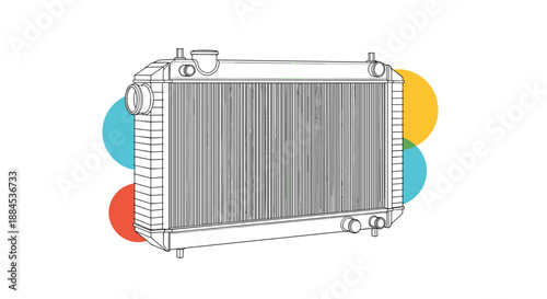 A detailed line art illustration of an automobile radiator, a crucial part of the car's engine cooling system, with colorful background dots.
