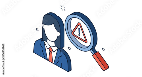 An isometric icon of a magnifying glass with a warning sign focused on a businesswoman, symbolizing risk assessment and employee background checks.