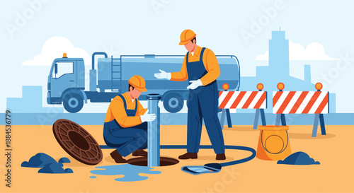 Two professional sanitation workers in uniform cleaning a city sewer system, with a vacuum truck and safety barriers in the background.
