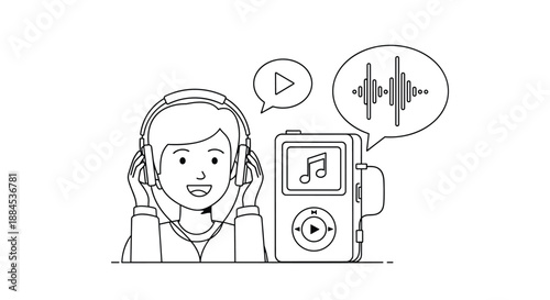 A black and white line art illustration of a happy person enjoying music on headphones, connected to a portable mp3 player with a soundwave icon.
