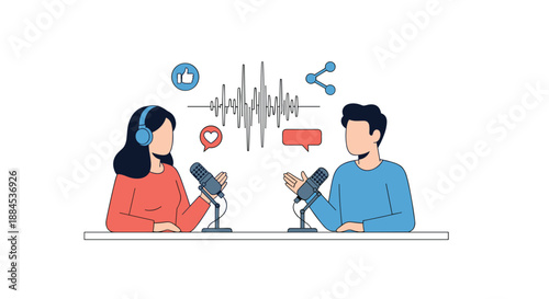 A male and female host creating engaging content for their podcast, with microphones, a soundwave, and social media sharing icons.