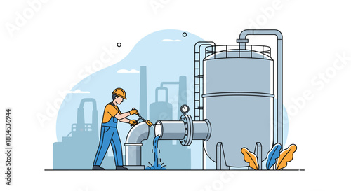 An industrial worker in a hard hat and uniform repairing a large pipe connected to a water filtration tank at a factory or treatment plant.