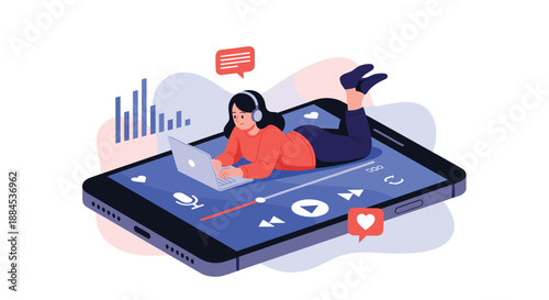 A modern concept of digital entertainment, with a woman on a giant smartphone using her laptop while streaming music or a podcast.
