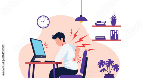 A man suffering from back and neck pain while working long hours at his computer, illustrating the health risks of a sedentary office job.