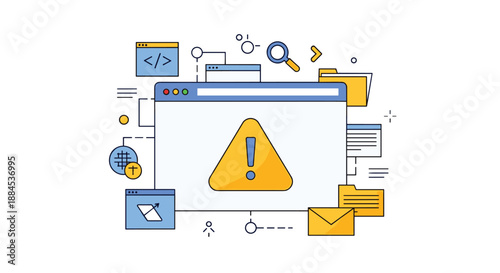 A conceptual illustration of a browser security warning, showing an alert symbol on a webpage surrounded by various internet-related icons.