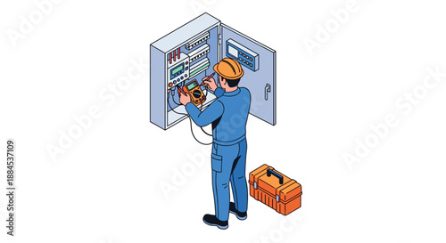 Isometric illustration of a professional electrician in a hard hat using a multimeter to test an open electrical circuit breaker panel.