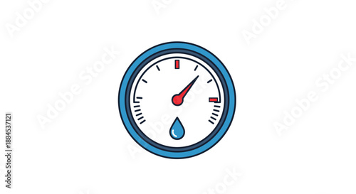 Colorful flat icon of a circular pressure gauge with a needle and a water drop symbol, indicating water pressure measurement.