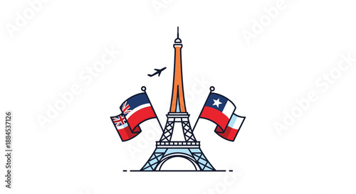 Illustration of the Eiffel Tower in Paris with crossed flags of the United Kingdom and Chile, symbolizing travel or international relations.