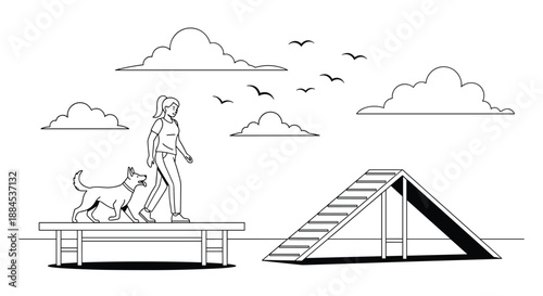 Black and white line art scene of a woman and her dog practicing on an outdoor agility training course with various obstacles.