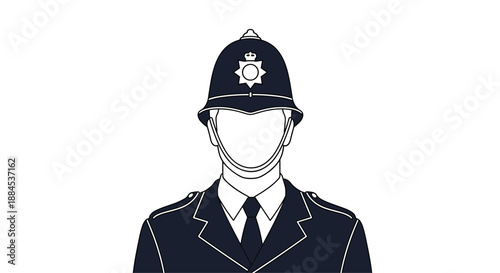 Simple black and white illustration of a British police officer in a traditional custodian helmet and uniform, without a face.
