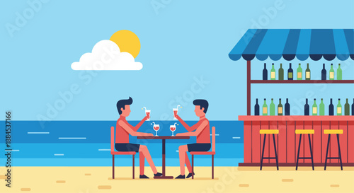 Two men on a summer vacation enjoying cocktails at a beachside bar with a beautiful view of the ocean and sunny sky.