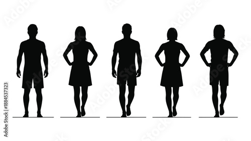 Silhouettes of five people standing isolated on white background, Vector