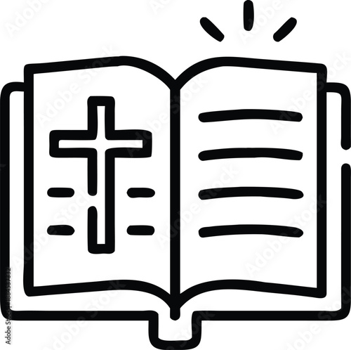 An open book with a cross symbol and radiating light illustration high quality