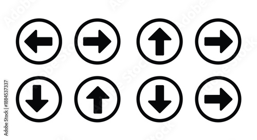 Collection of eight black arrow icons in circles, pointing in various cardinal and ordinal directions, isolated on a white background.