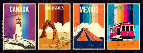 Canada Cape Mudge Lighthouse, USA Delicate Arch, Arches National Park, San Francisco Tram, Mexico Step Pyramid Tourist Attractions Postcards, Vector Templates Retro Style Greeting Card Set, 1970s - 19