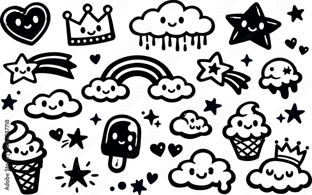 Fototapeta premium Whimsical kids doodle sheet of smiling clouds, crowns, stars and ice cream sticker icons in playful flat black line art