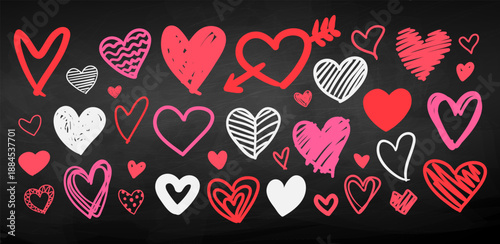Vector illustration of hand drawn hearts on chalkboard. Colorful doodle collection of love symbols in line art style.