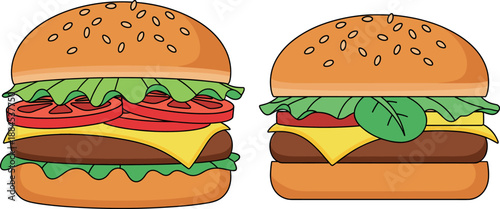 Vector illustration set featuring gourmet cheeseburgers with fresh tomato lettuce and specialty green leaf toppings on sesame buns