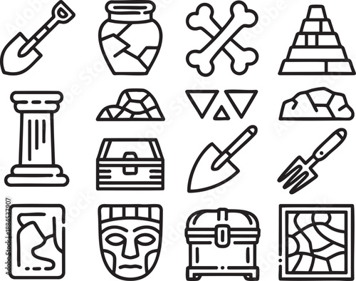 Black and white line of archaeological tools and artifacts including a shovel, pottery, bones, pyramid, column, coins, treasure chest