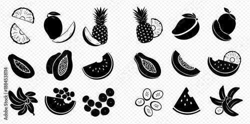 Set of various tropical fruits in silhouette style, including pineapple, mango, papaya, watermelon, banana, and berries.