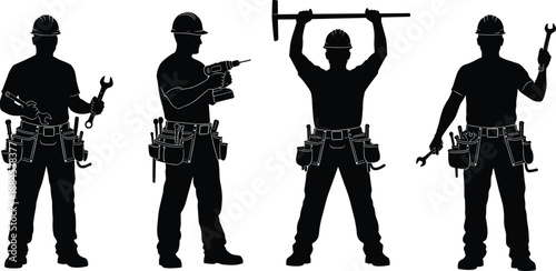 Construction Worker Builder Mechanic Technician Tools Helmet Labor Industry Repair Maintenance Safety Silhouette People Man Black Vector Illustration Collection