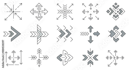 A collection of diverse arrow icons and symbols representing direction, expansion, and movement in a clean graphic design style.
