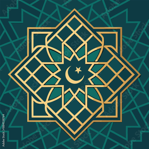 a detailed symmetrical islamic geometric pattern with gold lines and a central crescent moon and star design on teal background