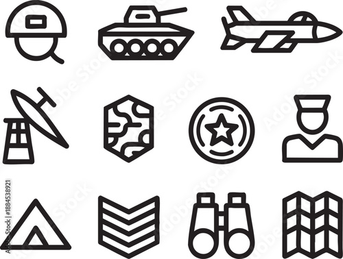 Black and white of military equipment, symbols, and personnel in a line-up formation
