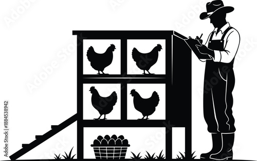 Farmer Chicken Coop Hen Rooster Poultry Farm Agriculture Rural Silhouette Eggs Basket Harvest Livestock Countryside Black Vector Illustration Design Icon