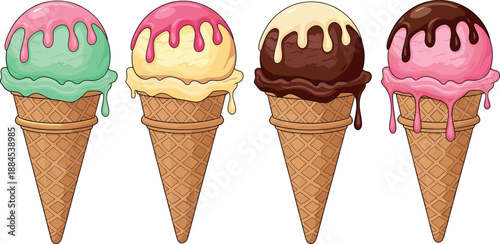 Vector illustration set featuring gourmet ice cream cones with textured waffle cones and colorful melting syrup glaze drips