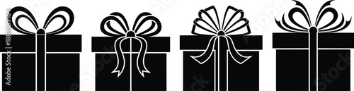 Gift Present Box Ribbon Bow Surprise Holiday Celebration Birthday Christmas Party Decoration Package Wrap Symbol Icon Silhouette Black Vector Illustration Collection