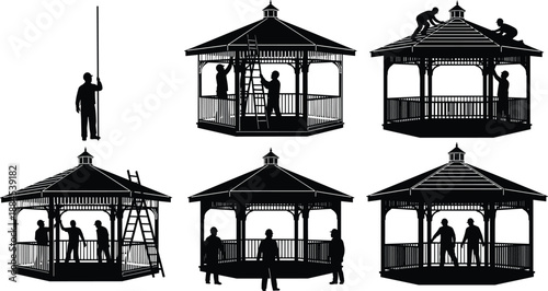 Gazebo Pavilion Construction Workers Building Repair Roof Ladder Maintenance Structure Architecture Outdoor Park Silhouette Black Vector Illustration Design Collection
