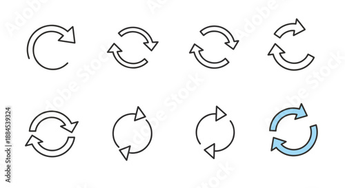A collection of eight outline refresh and circular arrow icons, depicting concepts of reload, update, cycle, and repeat in various styles.