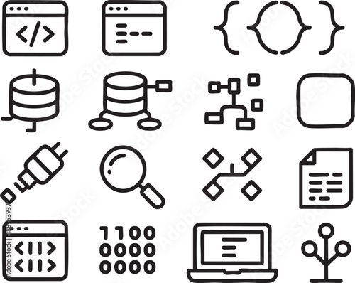 Black and white representing coding, databases, and technology concepts on a white background programming