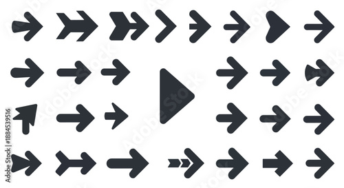 A comprehensive collection of diverse arrow icons and a play button symbol, illustrating direction and navigation.